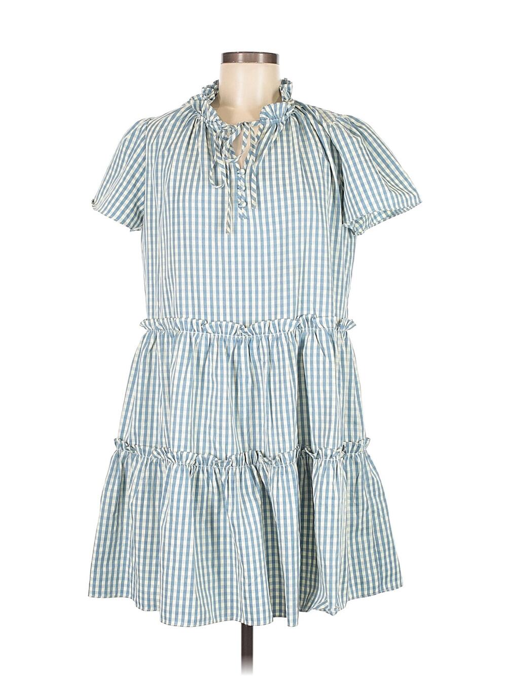 Wyatt Wylde Dress Cotton Short Sleeve Popover Checked Pattern Blue White L